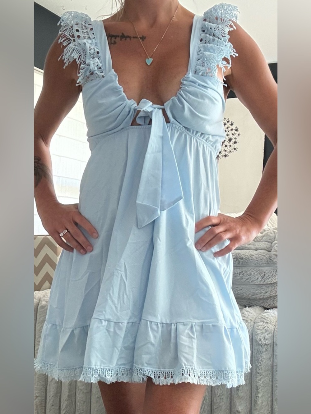Peixoto Light Blue tie front mini with lace sleeves